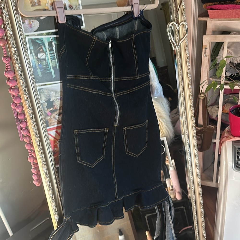 Super cute Western denim bustiers dress with ruffles denim dress Akira size S